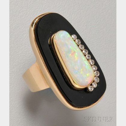 Contemporary 14kt Gold, Opal, Onyx, and Diamond Cocktail Ring