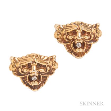 Art Nouveau 14kt Gold and Diamond Grotesque Mask Cuff Links