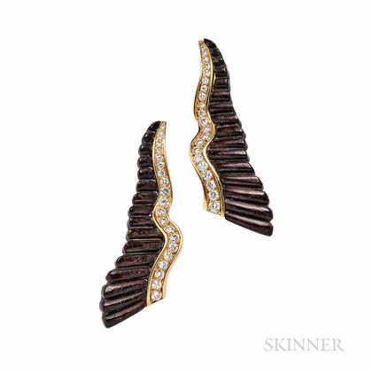 Albert Lipten 18kt Gold, Carved Wood, and Diamond Earclips