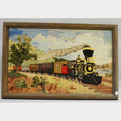 Framed Hooked Rug Depicting a Railroad Train in a Riverside Landscape