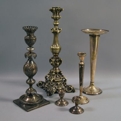 Six Silver and Silver-plated Candlesticks and Vases