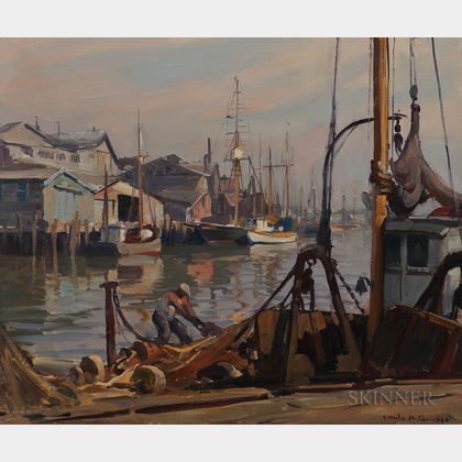 Emile Albert Gruppé (American, 1896-1978) Repairing the Nets, Gloucester Harbor