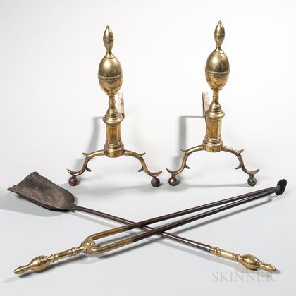 Pair of Brass and Iron Double Lemon-top Andirons and Matching Tools