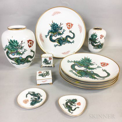 Eleven Pieces of Rosenthal Green Dragon Porcelain Tableware
