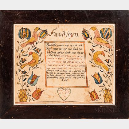 Very Rare Watercolor and Pen and Ink House Blessing Fraktur
