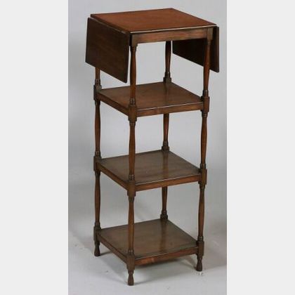 Victorian Mahogany What-not, 19th century, with rectangular drop leaves and three shelves on turned supports and legs, ht. 36, wd. 13, 