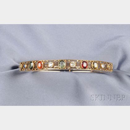 Antique 14kt Gold, Diamond, and Multi-stone Bangle Bracelet