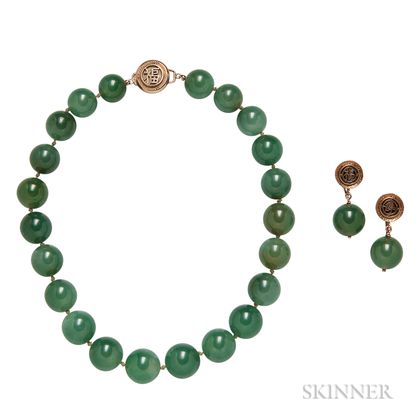 14kt Gold and Green Hardstone Bead Necklace and Earrings, Ming's