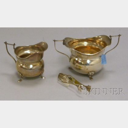 English Sterling Creamer and Open Sugar with a Pair of American Sugar Tongs
