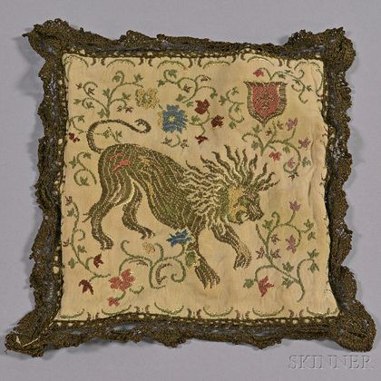Small Silk Needlework Depicting a Lion with Flowers