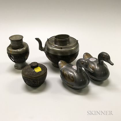 Asian Pewter and Coconut Teapot, Sugar, and Creamer, and Two Duck-form Pewter Boxes