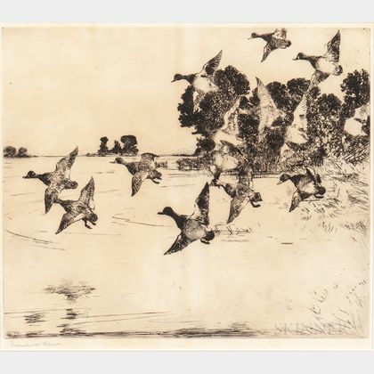 Frank Weston Benson (American, 1862-1951) Ducks over a Marsh