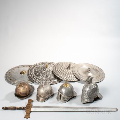 Four Tin and Brass Odd Fellows Helmets, Four Tin and Brass Shields, and a Wooden Sword