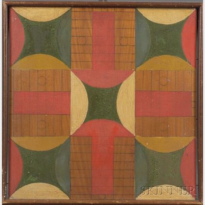 Polychrome Painted Wooden Parcheesi Game Board