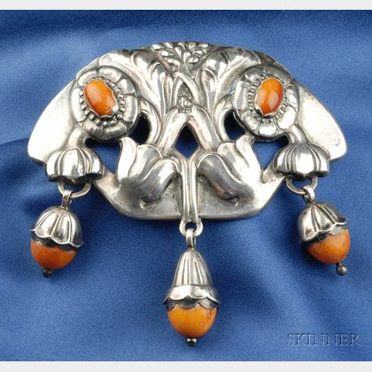 Rare Silver and Amber Brooch, Georg Jensen