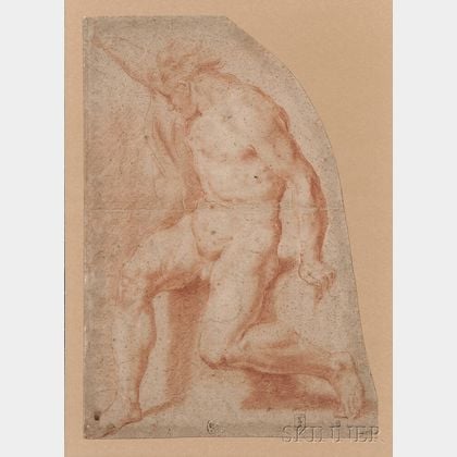 Bolognese School, 17th Century Fragmentary Drawing of a Male Nude with Right Arm Raised