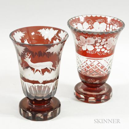 Two Bohemian Cranberry Cut-to-clear Glass Vases