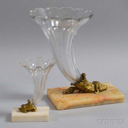 Two Bronze-mounted Colorless Glass Cornucopia Vases