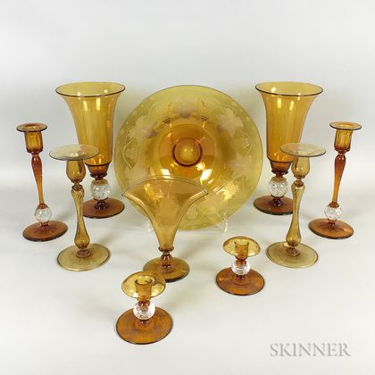 Ten Pieces of Mostly Pairpoint Amber Art Glass