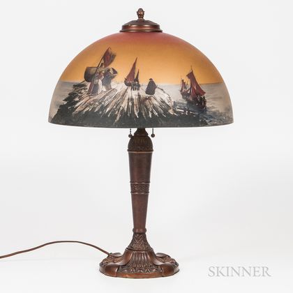 Bronzed Metal and Paint-decorated Glass Table Lamp
