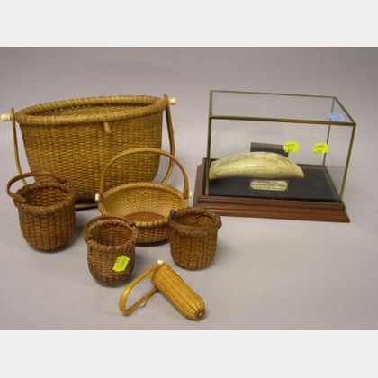 Two Nantucket Woven Baskets and Four Miniature Nantucket Baskets, with a Scrimshaw Sailin Susan Decorated Resin Whale&#39;s Tooth