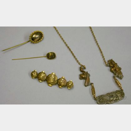 Two Japanese Lacquer Stickpins, a Gilt Bronze Group of Lanterns Brooch, and a Steel and Gold-filled Necklace. 