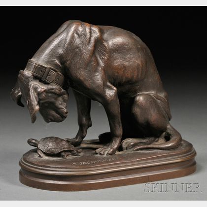 Henri-Alfred-Marie Jacquemart (French, 1824-1896),Bronze Figure of a Hound Regarding a Turtle