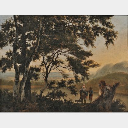 Manner of Adam Pynacker (Dutch, 1621-1673) Southern Landscape with Figures (Rest on the Flight to Egypt)