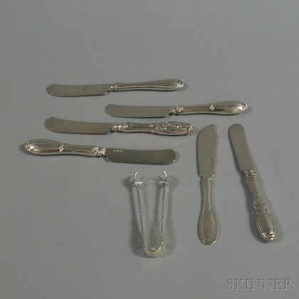 Six Silver-handled Knives and a Pair of Sugar Nips