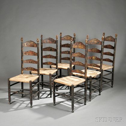 Six Continental Polychrome Painted Ladder-back Side Chairs