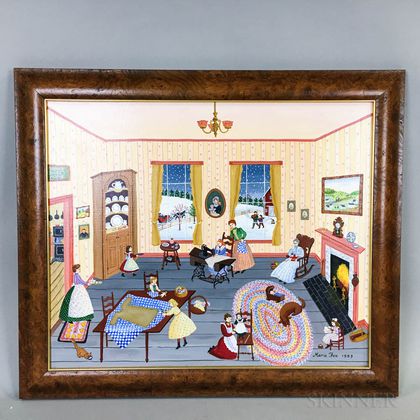 Framed Marie Fox Oil on Canvas The Sewing Lesson 