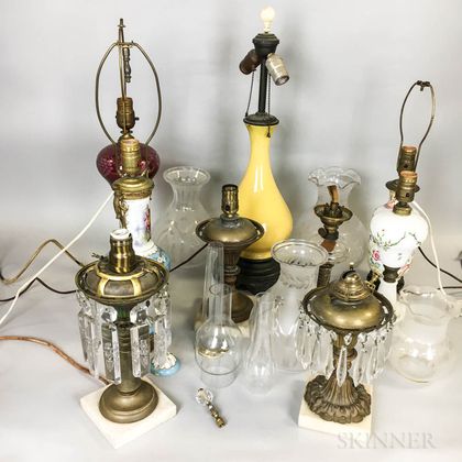 Nine Porcelain and Glass Lamps