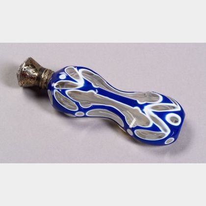 Bohemian White and Blue Cased, Cut-to-Clear Glass Scent Flask