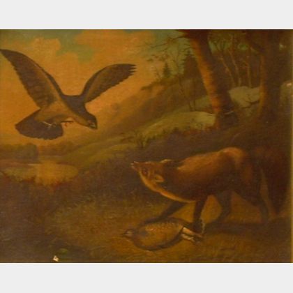 Framed Oil on Canvas Landscape with Fox and Birds