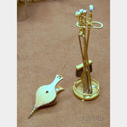 Brass Fireplace Tool Stand with a Pair of Matching Tools, a Pair of Tongs, a Hearth Brush, Wrought Iron Poker, ... 