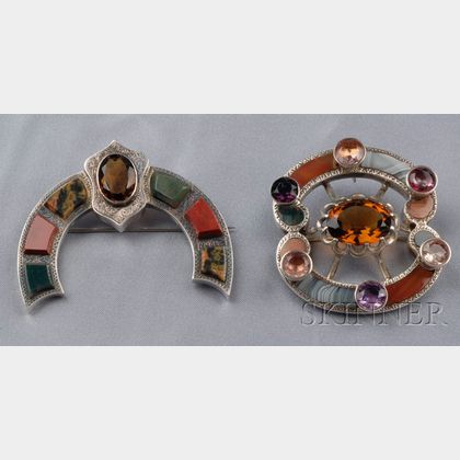 Two Victorian Silver, Scottish Agate, and Gem-set Brooches