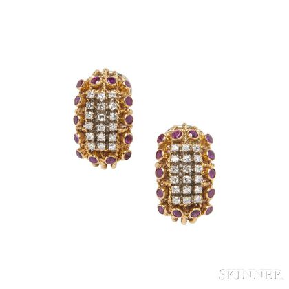 18kt Gold, Diamond, and Ruby Earrings, 