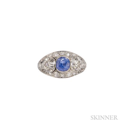 Art Deco Platinum, Sapphire, and Diamond Three-stone Ring