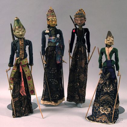 Four Gilt and Polychrome Paint-decorated Wayang Puppets