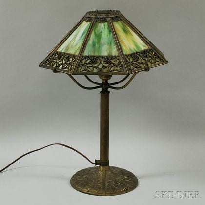 Bradley and Hubbard Metal Overlay and Slag Glass Table Lamp