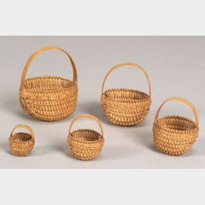 Five Miniature Graduating Woven Splint Baskets