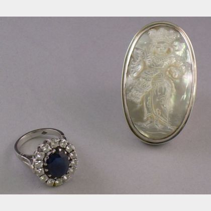 Livian Sapphire and Diamond Ring and Silver and Carved Mother-of-Pearl Ring. 