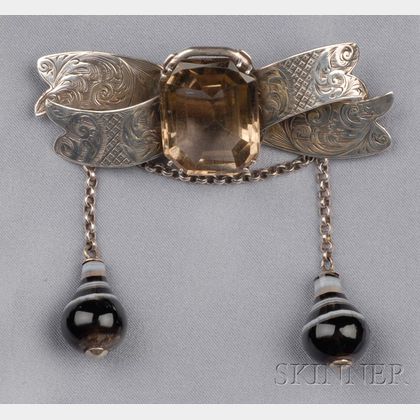Victorian Sterling Silver, Smoky Quartz, and Agate "Safety" Brooch