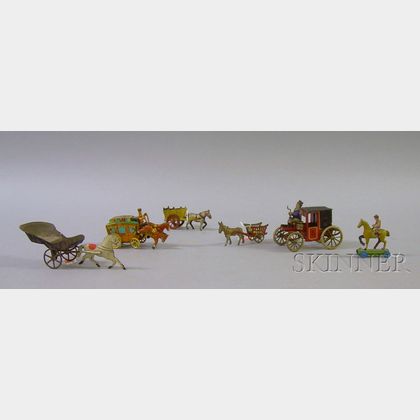 Six Small Lithographed Tin Horse, Carriage, and Rider Toys