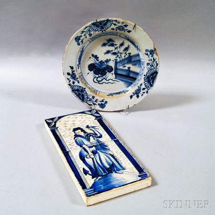 Two Mounted Delft Figural Tiles and a Delft Plate
