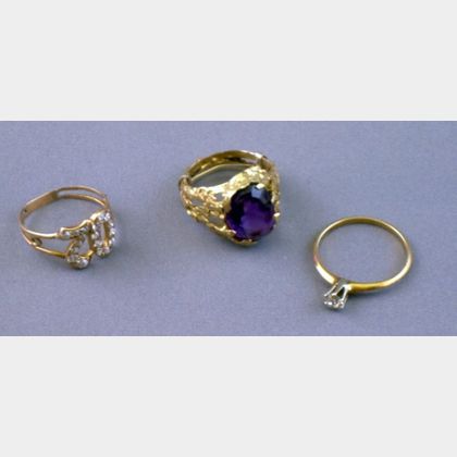 14kt Gold and Amethyst Ring and Two Gold and Diamond Rings
