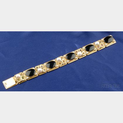 Arts & Crafts 14kt Gold, Cultured Pearl and Gem-set Bracelet, Edward Oakes