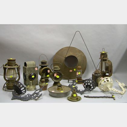 Seven Assorted Metal Kerosene Lanterns, Three Cast Iron Wall Brackets, and Lighting Parts