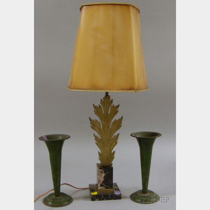 Brass Acanthus Leaf Table Lamp and a Pair of Green-painted Metal Trumpet Vases
