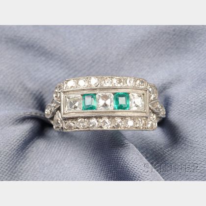 Art Deco Platinum, Emerald, and Diamond Ring